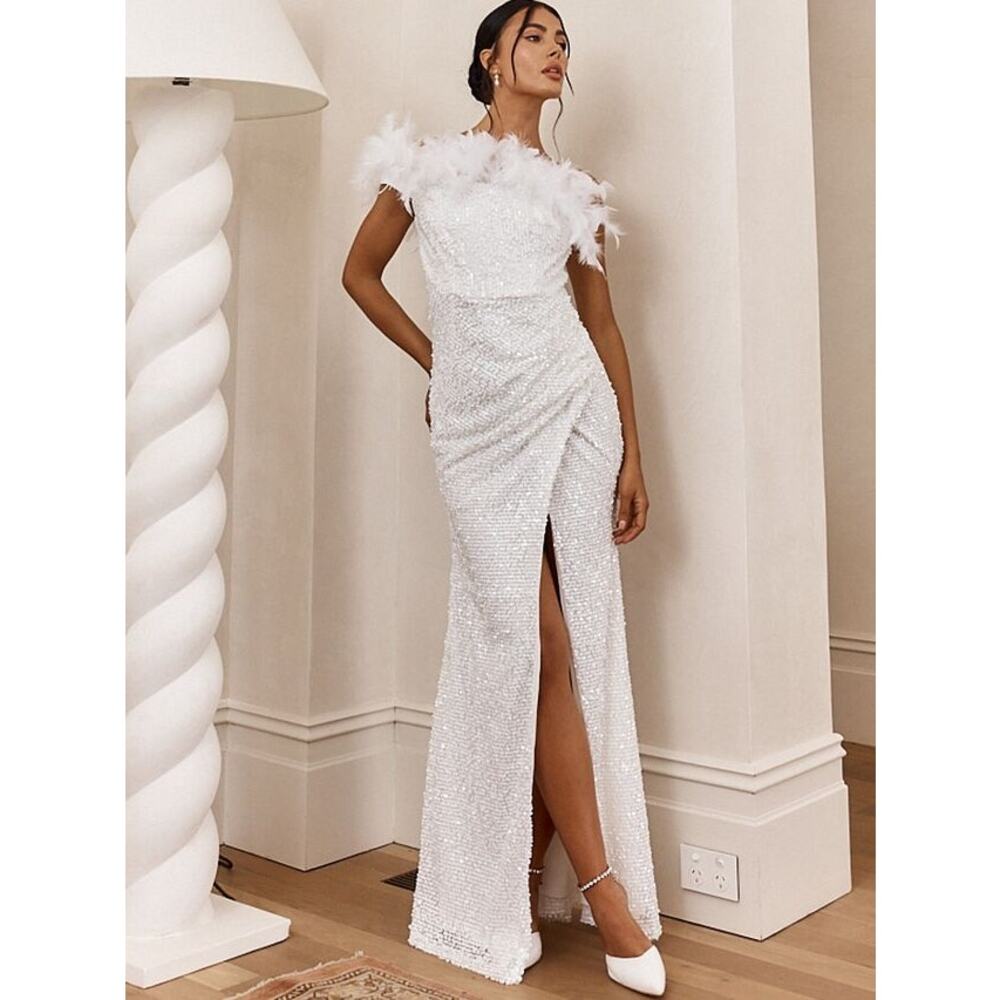 Selfie Leslie FOR LOVERS FEATHER TRIM SEQUIN MAXI DRESS WHITE NWT